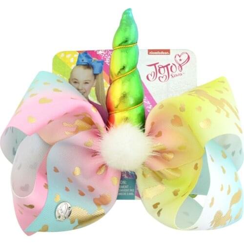 8 Inch Large Cartoon Hair Bow White Pompom Rainbow Cartoon Bow-knot Handmade printed ribbon Hairbows Girls Hair Accessories
