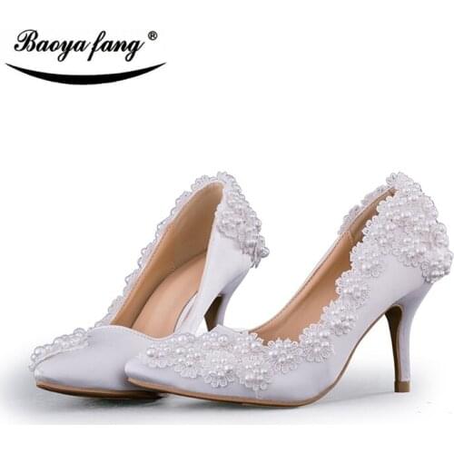 BaoYaFang white/red lace flower wedding shoes Bride 8cm heel pointed toe womens Pumps woman shoes
