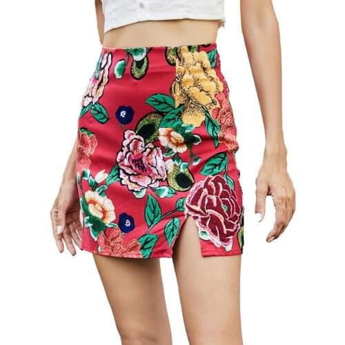 Boho summer 2020 high waist mini skirts women sexy floral retro pencil skirts zipper blue feminino satin slit skirts