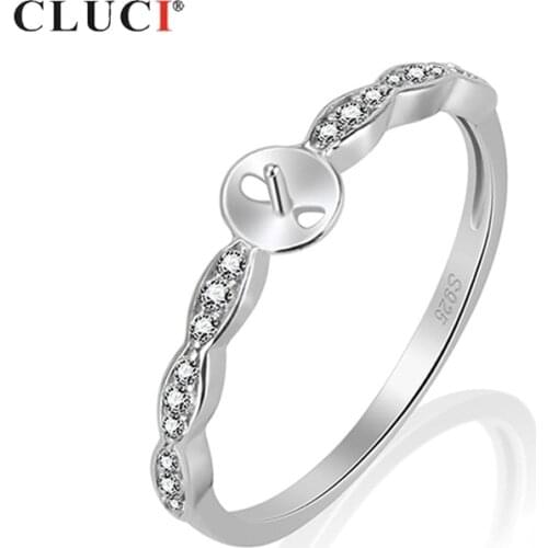 CLUCI 925 Sterling Silver Tiny Finger Rings with Zircons Design Wedding Ring Round Pearl Ring Mounting Women Jewelry SR1067SB