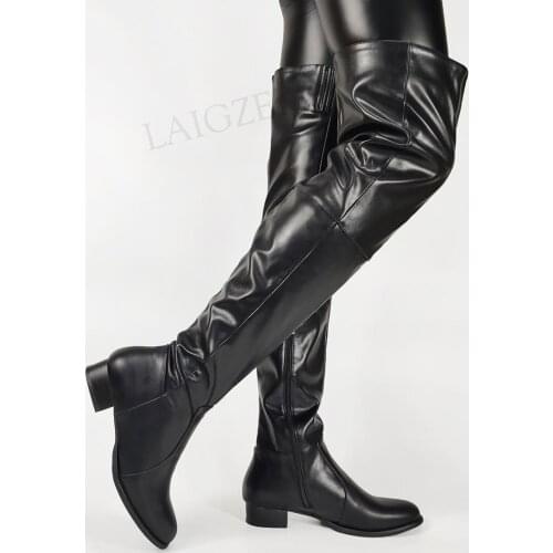 DOBANER Women Over Knee High Boots Faux Leather Low Chunky Heels Shoes Woman Black Boots Tall Unisex Plus Size 43 44 47 50 52