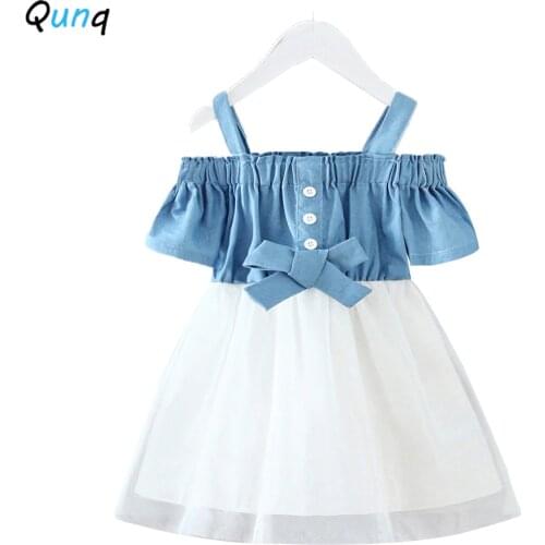 Qunq Girls Denim Dress 2021 New Summer Mesh Children Princess Costume Bow Sweet Toddler Kids Party Clothes for Girl