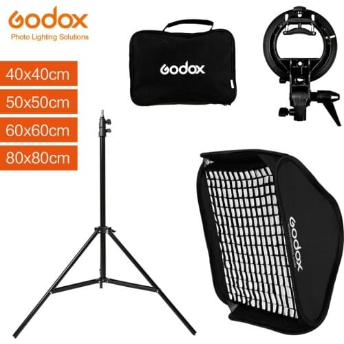 Godox 40cm 50cm 60cm 80cm Flash Speedlite Square Softbox + S type Bracket Bowens Mount + Honeycomb Grid Kit with 2m Light Stand