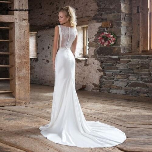 Lashmigown Robe Satin Mermaid Wedding Dresses 2021 Vestidos Sleeveless Elegant Bridal Wedding Gowns Sheer Illusion Lace Back
