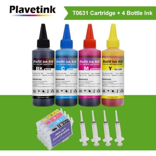 Plavetink Refill Cartridge For Epson T0631 Stylus C67 C87 CX3700 CX4100 Printer Ink + 4 Color 100ml Bottle Ink Refill Dye Kit