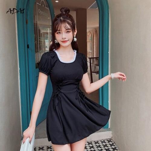 Korean Japan Style Cute Swimsuit Women Skirt Bathing Suit Lace Collar Strap Collect Waist Swimming Suit Swimwear Black Orange