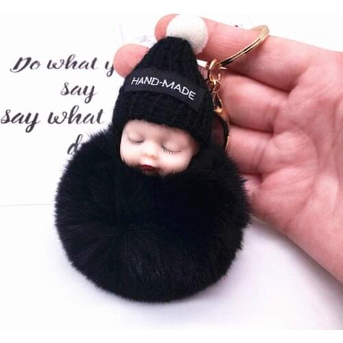 Fashion Colorful Sleeping Baby Doll Hanging Piece Hair Ball Pendant Cute Fluffy Pompom Chain Cotton Wool Holder Bag Ball Toy
