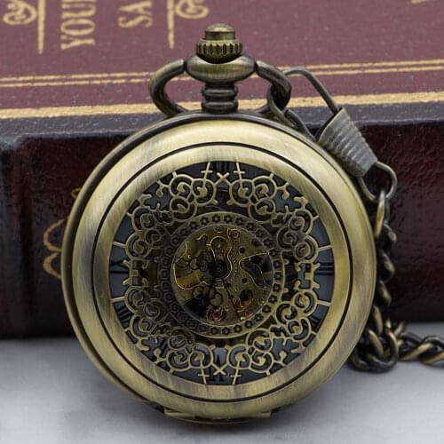 Men Womens Mechanical Pocket Watch Classic Skeleton Dial Hand Winding Fob Chain Clock Male Retro Bronze Hollow PJX1324