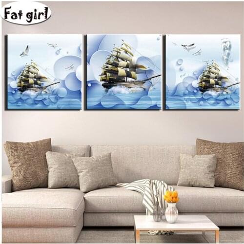3 pieces cartoon sailboat 5D diamond painting cross stitch full square round drill diy embroidery triptych home decor