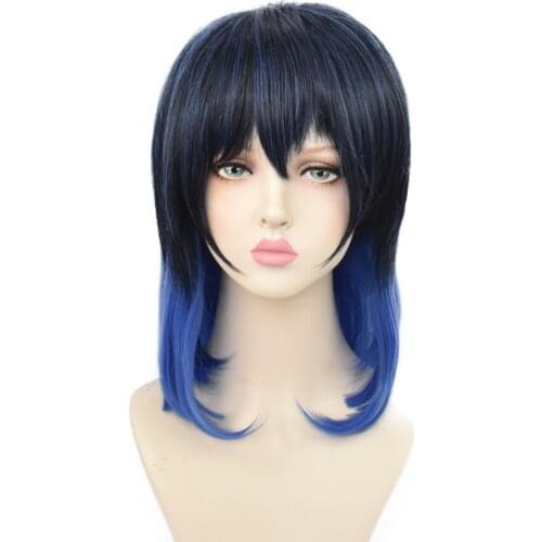 Anime Kimetsu No Yaiba Demon Slayer Cos Wig Hashibira Inosuke Cosplay Black Blue Gradient Hair Halloween Cos Unisex Headgear