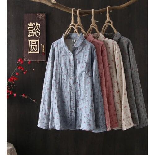 Casual Tops Blusas Mujer New Arrival Arts Style Women Long Sleeve Loose Shirts Floral Print Vintage Cotton Linen Blouses