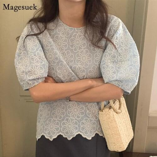 Summer Puff Short Sleeve Loose Simple Shirts Tops Korean Chic Embroidered Flowers Blouses Women New Female Casual Clothes 15256