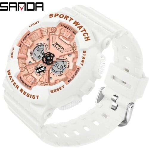 SANDA NEW Fashion Quartz Digital Alarm Clock For Women Student Brand Dual Display Sport Watch Electronic Ladies Wristwatch 6068