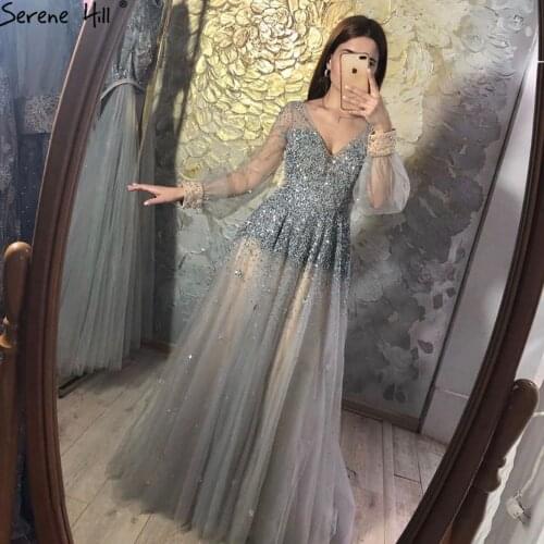 Serene Hill Real Photo Grey Deep-V Sexy Evening Dress 2020 Long Sleeves Beading Sequined A-Line Formal Party Wear Gown CLA70211