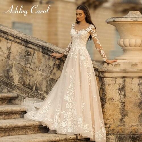 Ashley Carol A-Line Wedding Dress 2021 Charming Sweetheart Long Sleeve Bride Appliques Lace Up Backless Vintage Bridal Gown