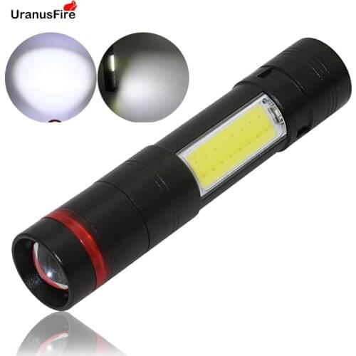 Uranusfire COB led zoomable flashlight 5 files torch built in battery USB rechargeable mini light with clip for camping working