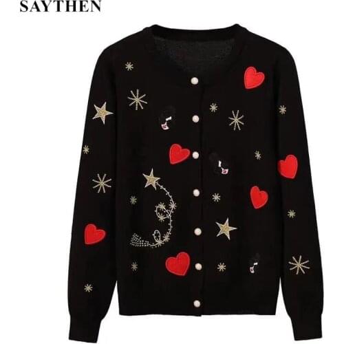 SAYTHEN 2021 New Spring Fall Womens Embroidered Sweater Cute Star Embroidered Pearl Button Sweet Knit Cardigan