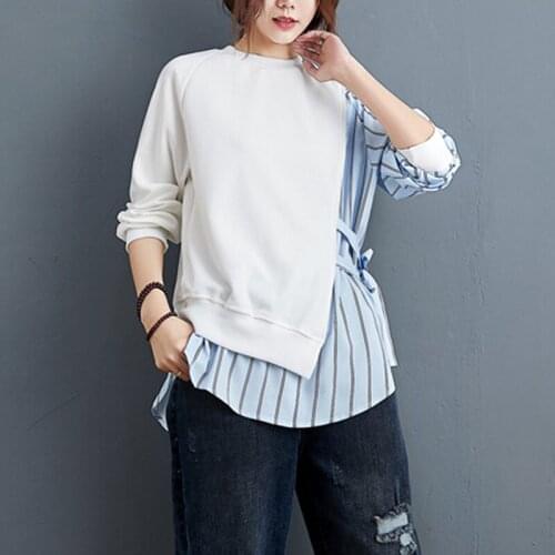 Solid Color Stitching Striped Sweater Fake Two Pieces plus Size Womens Bow Tie Long-sleeved Irregular