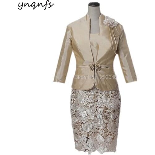 YNQNFS M93 Taffeta Lace Champagne Two Piece Mother of the Bride Dresses with Jacket Bolero Groom Mother Gown Outfits
