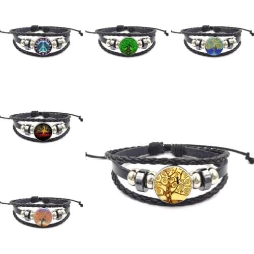 EJ Glaze Tree of Life For Girls Gifts Harajuku Style Jewelry With Plated Glass Cabochon Black Leather Bracelet Bangle
