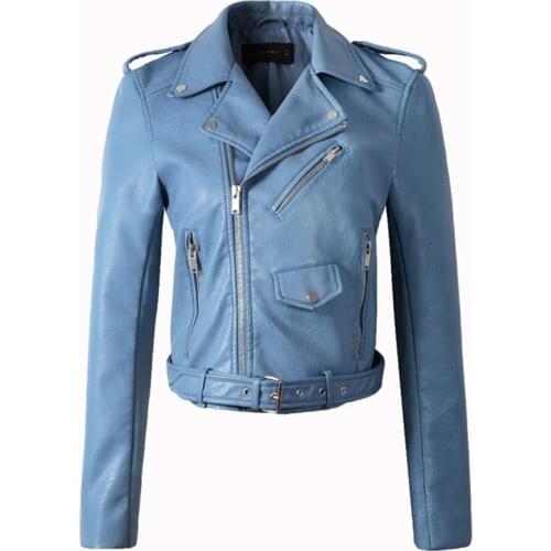 Women Belt Faux leather jacket autumn and winter new womens leather jacket Slim motorcycle leather Coat Y782