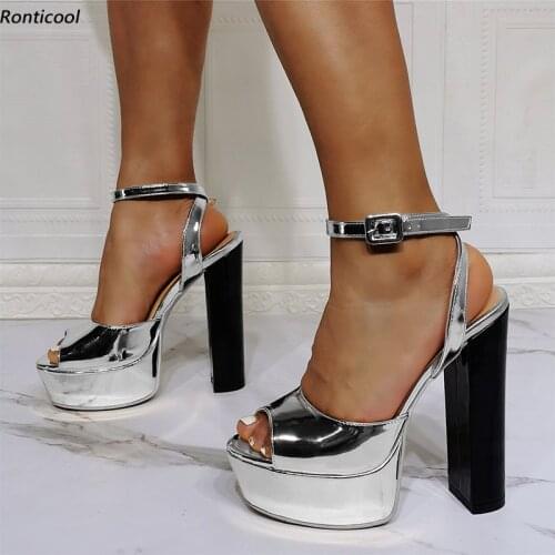 Ronticool New Arrival Women Glossy Platform Sandals Ankle Strap Block Heel Open Toe Gorgeous 4 Colors Party Shoes US Size 5-20