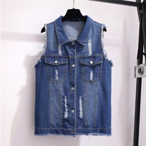 2020 New Womens Jeans Vest Women Coat Sleeveless Denim Jacket Large Size 6XL Female Waistcoat Casual Holes Vests Outerwear
