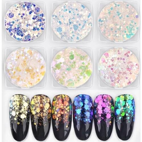 1Box Aurora Unicorn Nail Sequins Ultra-thin Mermaid Hexagon Flakes Slice Mixed Glitter Powders 3d Sparkling Nail Art Decorations