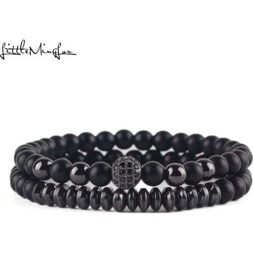 2pc/sets men matte Natural stone beads Bracelet Luxury CZ Copper Ball Hematite charms bracelets & bangles for women Jewelry Gift