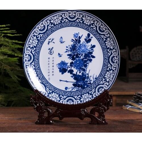 25CM Chinese Style Blue and white Celadon Ceramic Flower Plant Decorative Plate Arrangement Plate Living Room Entrance with rack