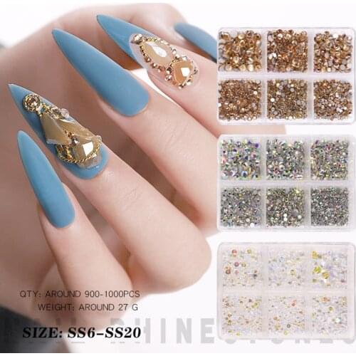 6 Grid Nail Art DIY Rhinestone Set Accessories 3D AB Glitter Flat Back Nail Jewelry Stickers Crystal Stones Manicure Decorations