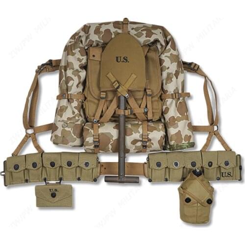 WW2 US ARMY EQUIPMENT CONBINATION USMC UPPER BACKPACK WITH STRAPS T-TYPE SPADE WITH TEN CELL POUCH ONE TENT AND ONE RAIN CAPE