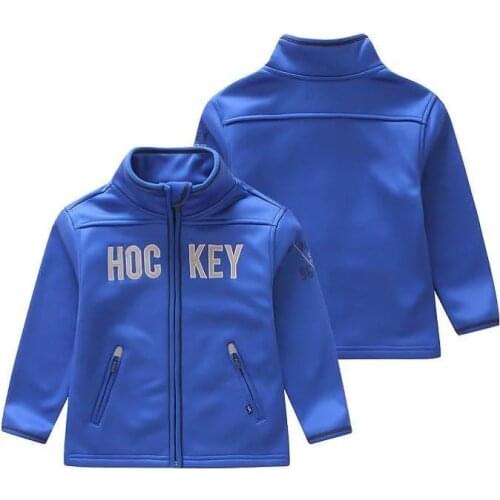 Free shipping- children/kids boys blue softshell jacket with letter applique, kids zippered jogging jacket, size 6 to 12Y