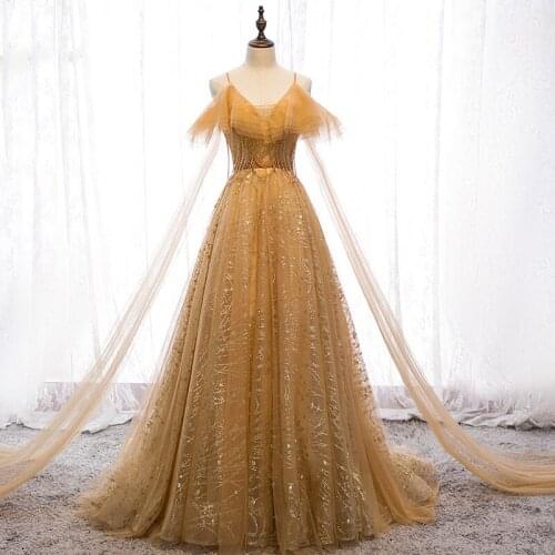 Sequins Ruffles Short Sleeves Spaghetti Strap Strapless Evening Dress A-Line Floor-Length Luxurious Party Formal Gown Woman B261