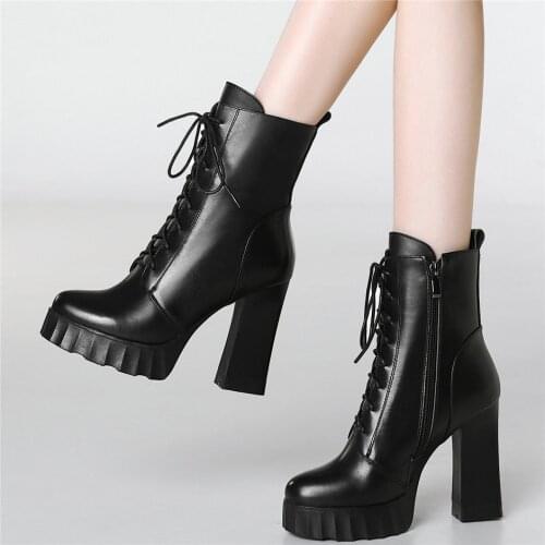 Lace Up Punk Creepers Women Genuine Leather High Heel Motorcycle Boots Female High Top Round Toe Chunky Platform Pumps Shoes