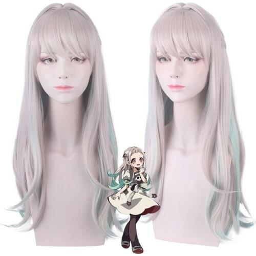 Anime Toilet-bound Hanako-kun Long Wig Yahiro Nene Cosplay Wig Role Play Powder Gray Mixed Cyan 80cm