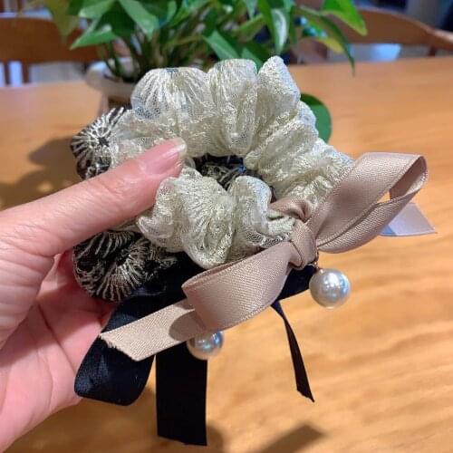 Elegant Ribbon Bow Pearl Elastic Hair Bands Lace Fabric Scrunchies Rubber Hairbands Head Tie Headpiece Women Hair Accessories