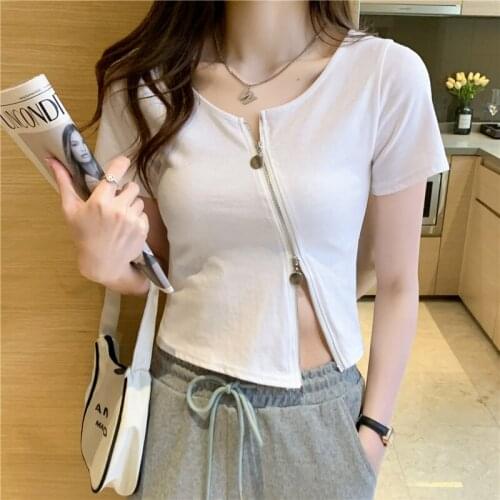 Tees Women Casual Sexy O Neck 2021 Summer New Korean Short Slim T-shirt oblique zipper Cotton Short Sleeve T-shirt White 698D