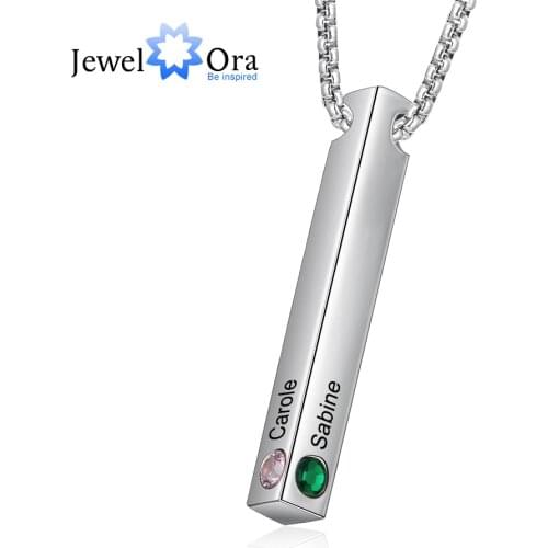 JewelOra Personalized Engraved Name Bar Necklaces for Women 4 Sides Custom Birthstone Stainless Steel Vertical Bar Pendant