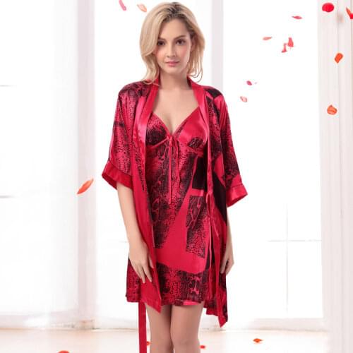 Womens Snakeskin Pattern Satin Robe & Slip Set Two Piece Sexy Nightie Kimono Women Set Passion Red Sexy Lingerie