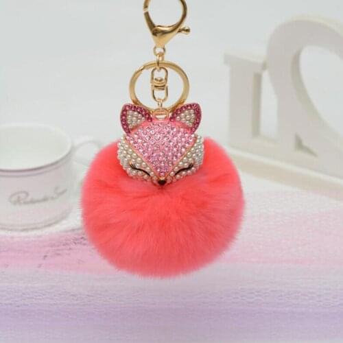 JINGLANG Gold Color Lobster Clasp Metal Keyring Dangle Crystal Pearl Fox Rabbit Fur Charm Keychains For Women Handbag Jewelry