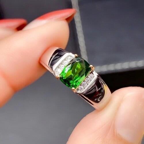 Fashion 925 Silver Man Ring 5mm*7mm Natural Diopside Ring for Man Sterling Silver Man Gemstone Ring