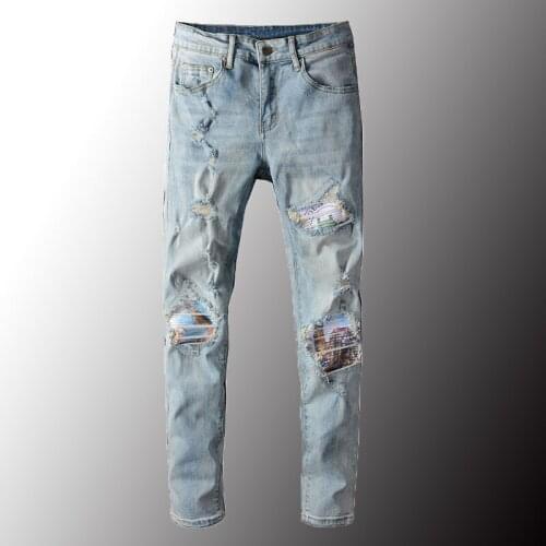New Mens Printed Patch Light Blue Biker Jeans Streetwear Slim Skinny Patchwork Holes Ripped Stretch Denim Pants Plus Size 40