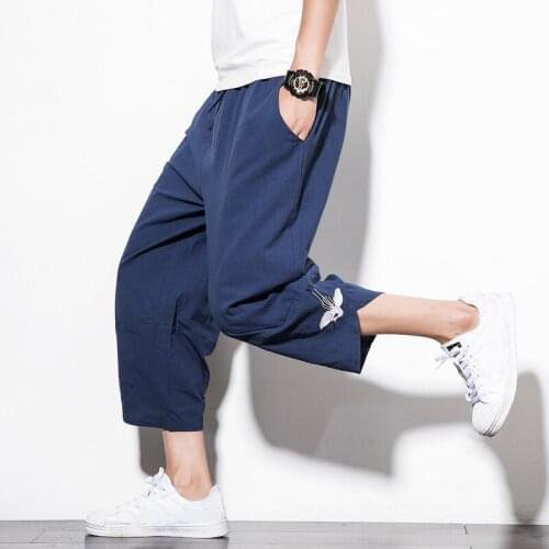 Men Calf Length Cotton Linen Bermuda Masculina Male Pants Baggy Cotton Linen Harem Pants Men Hip-hop Men Plus Size Wide Leg Trou