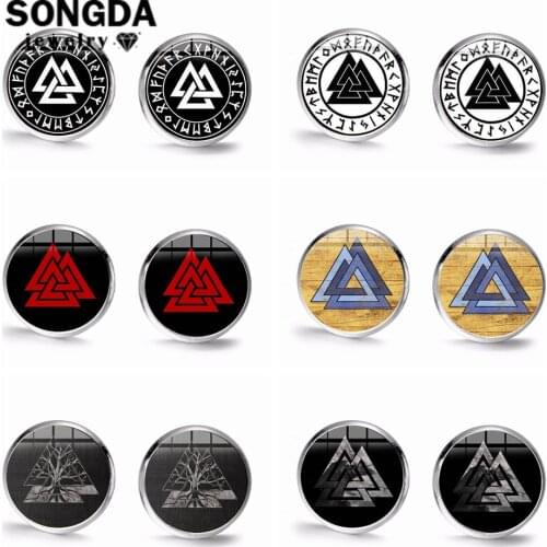 SONGDA Norse Odin Rune Valknut Earrings Vintage Slavic Norway Art Pattern Glass Convex Stud Earrings for Men Ear Jewelry Brincos