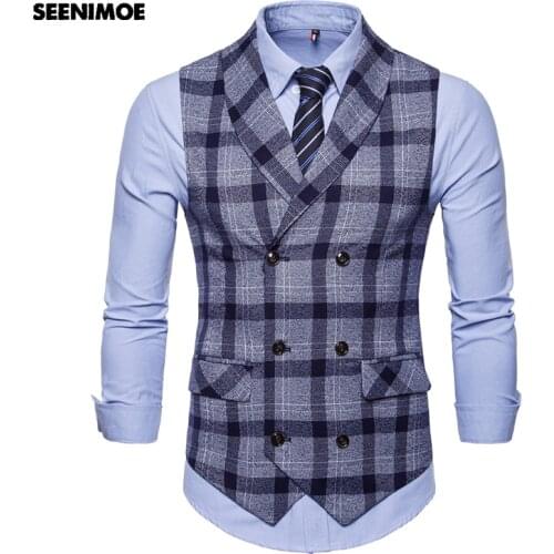 Seenimoe Mens Stripe Plaid Formal Blazer vests Casual Double Breasted V-neck Fashion M-4XL Male England Style Casual Vests
