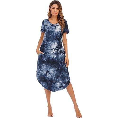 Floral Slits Long Nightgown Women Loungewear With Pocket Nightdress Soft Short Sleeve Nightshirt V-Neck Comfort Sleepshirt