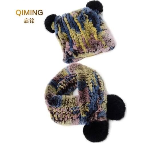 New Boy Girl Scarf Children Hat Scarf Two-piece Winter Hats For Kids True Rabbit Fur Earmuffs Baby Fur Scarf Pompom Beanie Cap