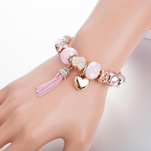 ANNAPAER 2019 Original Bracelets Pink Crystal Heart Beads Tassel Charm Bracelet for Women Rekomenduoju Wedding Gifts B17091
