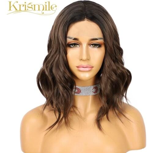 Krismile Dark Brown Synthetic Lace Wigs Short Wave T Middle Part Wig Party Daily for Women Make Up Celebrity Heat Resistant